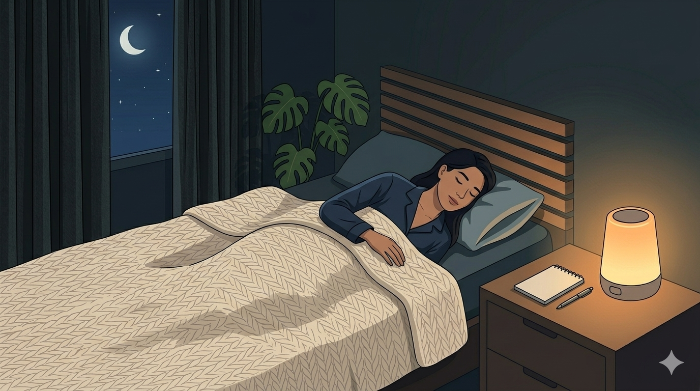 "A peaceful lo-fi vector illustration of a bedroom at night. A person is lying in bed, looking calm and relaxed. Next to the bed on a wooden nightstand is a small physical notepad and a pen. A soft, warm amber glow comes from a small lamp, and a large Monstera plant sits in the corner. Through the window, a serene crescent moon is visible in a starry dark blue sky. High contrast, 2D digital illustration, wide 16:9, no text