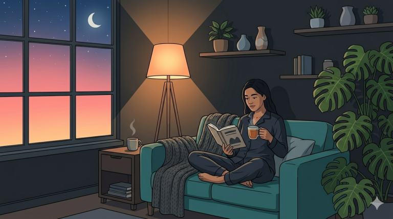 A cozy lo-fi vector illustration of a living room on a Sunday evening. A person is sitting on a plush teal sofa, reading a physical book and drinking tea. A large Monstera plant is in the corner, and a warm, soft amber glow comes from a floor lamp. Through the window, a beautiful pink and orange sunset is fading into a starry night sky. The room is peaceful and free of technology. 2D digital illustration, wide 16:9, high contrast, no text