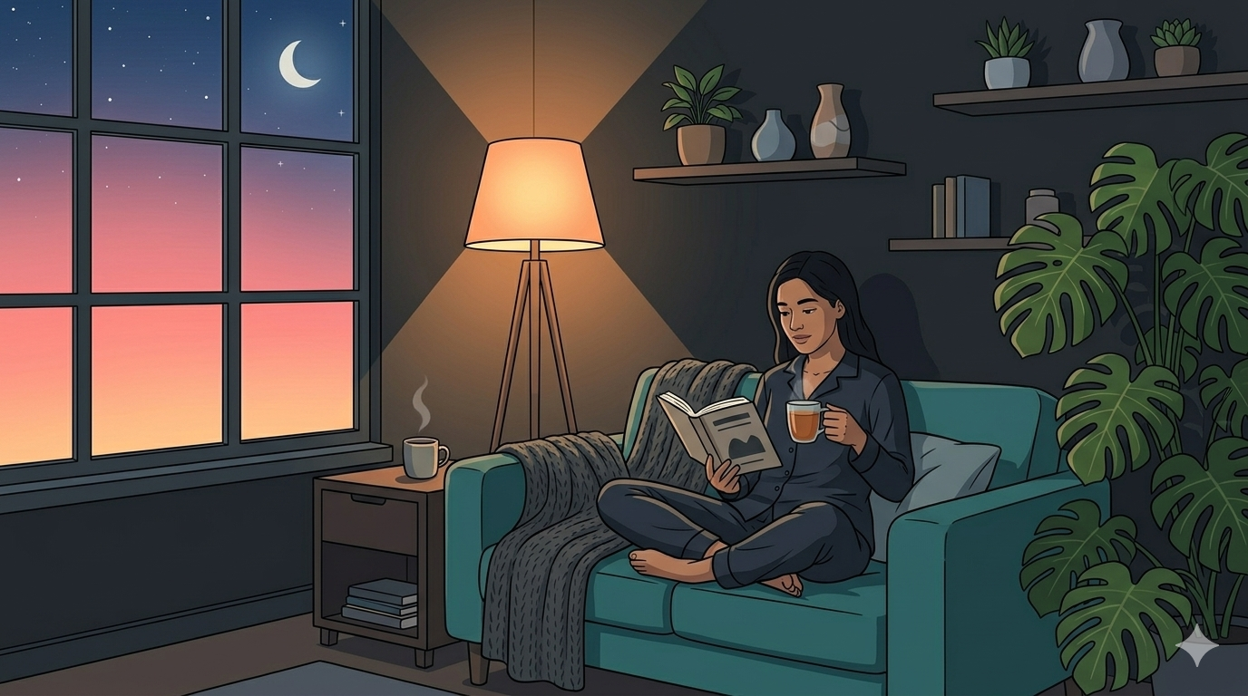 A cozy lo-fi vector illustration of a living room on a Sunday evening. A person is sitting on a plush teal sofa, reading a physical book and drinking tea. A large Monstera plant is in the corner, and a warm, soft amber glow comes from a floor lamp. Through the window, a beautiful pink and orange sunset is fading into a starry night sky. The room is peaceful and free of technology. 2D digital illustration, wide 16:9, high contrast, no text