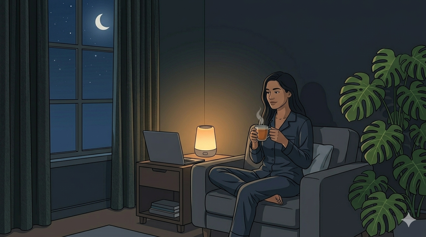 A peaceful lo-fi vector illustration of a person sitting in a cozy living room at night. They are looking away from a small, dark laptop screen and instead focusing on a warm cup of tea. A soft amber glow comes from a nearby lamp. Through the window, a serene starry sky is visible. In the background, a large Monstera plant adds a touch of calm. The person looks relaxed and present, having successfully disconnected. 2D digital illustration, wide 16:9, high contrast, no text