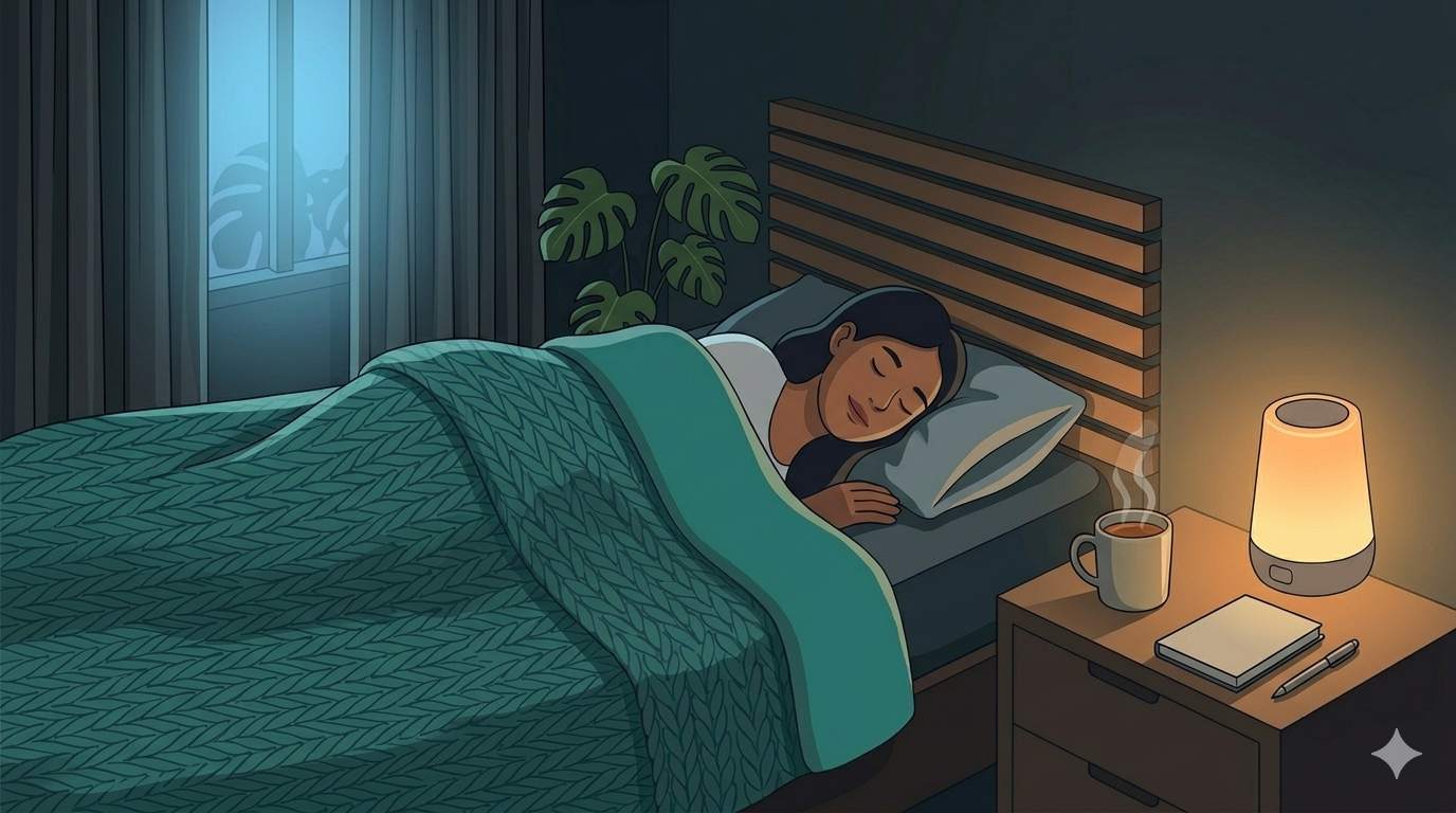 A cozy, dimly lit bedroom at night in a lo-fi vector style. A physical notebook and a pen lie on a wooden nightstand next to a warm, glowing amber lamp. A steaming mug of tea sits nearby. In the background, a person is peacefully asleep under a thick teal blanket. A soft moonlight glow comes from a window. 2D digital illustration, wide 16:9, high contrast, no text