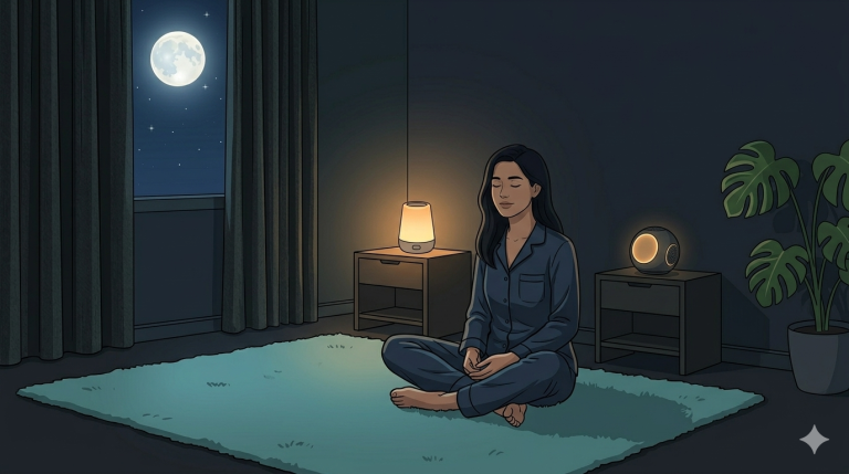 A serene lo-fi vector illustration of a person sitting cross-legged on a soft teal rug in a dimly lit bedroom. Their eyes are closed, and they look deeply peaceful. A warm amber glow comes from a small bedside lamp, and a large Monstera plant sits in the corner. Through the window, a large, glowing full moon is visible in a starry dark blue sky. The room is clean, minimal, and calm. 2D digital illustration, wide 16:9, high contrast, no text