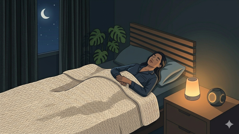 A peaceful lo-fi vector illustration of a person lying flat on their back in a cozy bedroom. Their eyes are closed, and their body looks completely relaxed and heavy on a thick teal blanket. A soft, warm amber glow comes from a bedside lamp. Through the window, a dark blue starry sky is visible. In the corner, a large Monstera plant adds a touch of nature. The room is calm, minimal, and serene. 2D digital illustration, wide 16:9, high contrast, no text