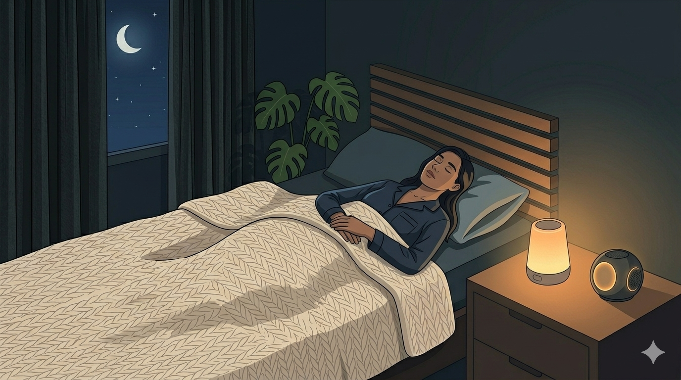 A peaceful lo-fi vector illustration of a person lying flat on their back in a cozy bedroom. Their eyes are closed, and their body looks completely relaxed and heavy on a thick teal blanket. A soft, warm amber glow comes from a bedside lamp. Through the window, a dark blue starry sky is visible. In the corner, a large Monstera plant adds a touch of nature. The room is calm, minimal, and serene. 2D digital illustration, wide 16:9, high contrast, no text